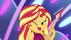 Size: 1920x1080 | Tagged: safe, screencap, sunset shimmer, equestria girls, equestria girls series, g4, spring breakdown, spoiler:eqg series (season 2), all good (song), armlet, clothes, cute, dress, female, guitar, jewelry, one eye closed, open mouth, sexy, shimmerbetes, singing, sleeveless, solo, wink