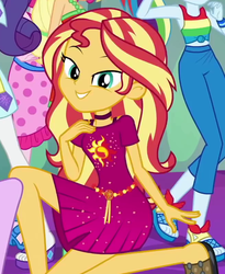 Size: 654x796 | Tagged: safe, screencap, applejack, pinkie pie, rainbow dash, rarity, sunset shimmer, equestria girls, g4, i'm on a yacht, my little pony equestria girls: better together, cropped, cutie mark on clothes, feet, female, geode of empathy, lidded eyes, looking at you, magical geodes, sandals, smiling, solo focus, toes