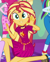 Size: 644x807 | Tagged: safe, screencap, pinkie pie, rainbow dash, sunset shimmer, equestria girls, g4, i'm on a yacht, my little pony equestria girls: better together, cropped, cute, cutie mark on clothes, feet, female, geode of empathy, legs, looking at you, magical geodes, sandals, shimmerbetes, smiling