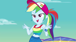 Size: 1920x1080 | Tagged: safe, screencap, rainbow dash, equestria girls, equestria girls specials, g4, my little pony equestria girls: better together, my little pony equestria girls: spring breakdown, baseball cap, beautiful, cap, clothes, cruise outfit, cute, dashabetes, female, front knot midriff, hat, midriff, pants, ponytail, sleeveless, solo, tank top, tomboy, wristband