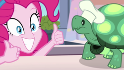 Size: 1920x1080 | Tagged: safe, screencap, pinkie pie, tank, equestria girls, g4, my little pony equestria girls: better together, the craft of cookies, chef's hat, hat, smiling, thumbs up