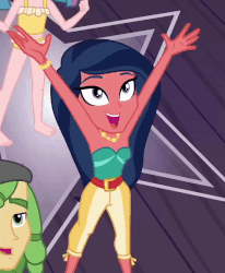 Size: 700x848 | Tagged: safe, screencap, desert sage, sandalwood, technicolor waves, equestria girls, equestria girls series, g4, my little pony equestria girls: spring breakdown, spoiler:eqg series (season 2), all good (song), animated, armpits, background human, bare shoulders, barefoot, belly button, bikini, bracelet, bustier, butt jiggle, butt shake, cheering, clothes, cropped, dancing, excited, feet, female, gif, jewelry, jiggle, male, midriff, necklace, open mouth, sleeveless, smiling, strapless, swimsuit, tankini, tube top