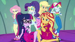 Size: 1920x1080 | Tagged: safe, screencap, applejack, fluttershy, pinkie pie, rainbow dash, rarity, sci-twi, sunset shimmer, twilight sparkle, equestria girls, equestria girls series, g4, i'm on a yacht, spoiler:eqg series (season 2), eyeliner, feet, female, geode of empathy, geode of fauna, geode of shielding, glasses, humane five, humane seven, humane six, lidded eyes, looking at you, magical geodes, makeup, midriff, sandals, sleeveless, smiling, sunglasses