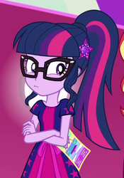 Size: 730x1043 | Tagged: safe, screencap, sci-twi, sunset shimmer, twilight sparkle, equestria girls, equestria girls specials, g4, my little pony equestria girls: better together, my little pony equestria girls: spring breakdown, cropped, crossed arms, female, geode of telekinesis, glasses, hairpin, magical geodes, offscreen character, ponytail
