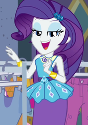 Size: 764x1079 | Tagged: safe, screencap, rarity, equestria girls, g4, my little pony equestria girls: better together, street chic, armpits, belt, blinking, bracelet, breaking the fourth wall, clothes, clothes rack, cropped, cute, cutie mark on clothes, dress, eyeshadow, female, frilly design, geode of shielding, gold, hairpin, jewelry, lidded eyes, magical geodes, makeup, open mouth, open smile, pencil skirt, pendant, rarity peplum dress, skirt, sleeveless, smiling, solo, talking to viewer, tank top