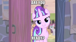 Size: 888x499 | Tagged: safe, edit, edited screencap, screencap, amber tresses, amethyst skim, rosemary, starlight glimmer, pony, unicorn, g4, season 5, the cutie map, bedroom eyes, blue eyes, bronybait, caption, creepy, creepy smile, crowd, door, egalitarianism, equal cutie mark, equalized, female, horn, image macro, impact font, looking at you, our town, poster, s5 starlight, smiling, text, text edit