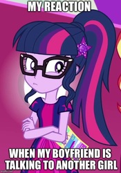Size: 500x714 | Tagged: safe, edit, edited screencap, screencap, sci-twi, sunset shimmer, twilight sparkle, equestria girls, equestria girls specials, g4, my little pony equestria girls: better together, my little pony equestria girls: spring breakdown, caption, cropped, crossed arms, female, geode of telekinesis, glasses, hairpin, image macro, jealous, looking at you, magical geodes, offscreen character, ponytail, reaction image, text