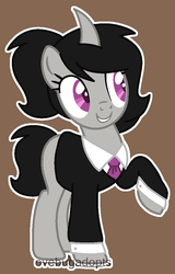 Size: 636x994 | Tagged: safe, artist:bluedinoadopts, oc, oc only, oc:ensemble melody, pony, unicorn, blank flank, brown background, clothes, curved horn, female, horn, mare, necktie, ponytail, raised hoof, signature, simple background, solo, suit