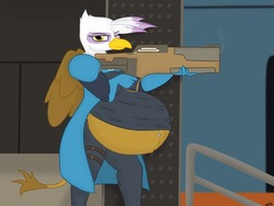 Size: 1280x960 | Tagged: safe, artist:theimmortalwolf, gilda, anthro, g4, belly, big belly, gun, looking at you, pregnant, weapon