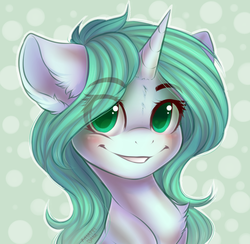Size: 1082x1056 | Tagged: safe, artist:falafeljake, oc, oc only, oc:mynillion, pony, unicorn, blushing, bust, chest fluff, cute, female, looking at you, mare, smiling, solo