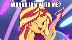 Size: 600x337 | Tagged: safe, edit, edited screencap, screencap, sunset shimmer, equestria girls, equestria girls specials, g4, my little pony equestria girls: better together, my little pony equestria girls: spring breakdown, all good (song), bronybait, caption, image macro, memeful.com, one eye closed, sleeveless, text, wink