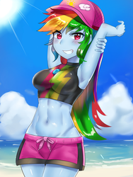 Size: 900x1200 | Tagged: safe, artist:tzc, edit, editor:rd42, rainbow dash, equestria girls, equestria girls series, forgotten friendship, abs, adorasexy, anime, armpits, beach, belly button, board shorts, breasts, busty rainbow dash, cap, clothes, crepuscular rays, cute, dashabetes, female, fixed, hat, humanized, jewelry, long hair, looking at you, midriff, necklace, ocean, rainbow hair, sand, sexy, shorts, smiling, solo, stretching, swimming trunks, swimsuit
