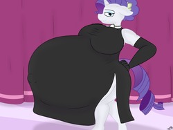 Size: 1280x960 | Tagged: safe, artist:theimmortalwolf, rarity, unicorn, anthro, unguligrade anthro, g4, alternate hairstyle, bedroom eyes, belly, big belly, big breasts, breasts, busty rarity, clothes, dress, female, floppy ears, hyper, hyper pregnancy, impossibly large belly, jewelry, looking at you, necklace, outie belly button, preggity, pregnant, smiling