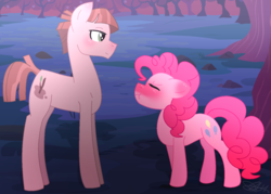 Size: 1408x1010 | Tagged: safe, artist:leanne264, mudbriar, pinkie pie, pony, g4, blushing, briarpie, female, male, shipping, size difference, straight