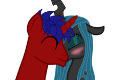 Size: 745x464 | Tagged: artist needed, safe, queen chrysalis, oc, oc:ruby hooves, alicorn, changeling, changeling queen, pony, unicorn, g4, blushing, canon x oc, cute, cutealis, eyes closed, female, happy, hidden face, kissing, male, ocbetes, roleplay illustration, shipping, simple background, stallion, straight, white background