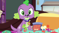 Size: 1280x720 | Tagged: safe, screencap, spike, spike the regular dog, dog, equestria girls, equestria girls series, g4, reboxing with spike!, spoiler:eqg series (season 2), fabulous fido's faberge flying disk, male, paws, sci-twi's room, solo, spike's dog collar