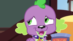 Size: 1280x720 | Tagged: safe, screencap, spike, spike the regular dog, dog, equestria girls, equestria girls series, g4, reboxing with spike!, spoiler:eqg series (season 2), male, sci-twi's room, spike's dog collar