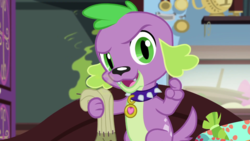 Size: 1280x720 | Tagged: safe, screencap, spike, spike the regular dog, dog, equestria girls, g4, my little pony equestria girls: better together, reboxing with spike!, male, sci-twi's room, spike's dog collar