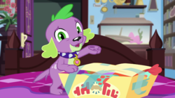 Size: 1280x720 | Tagged: safe, screencap, spike, spike the regular dog, dog, equestria girls, g4, my little pony equestria girls: better together, reboxing with spike!, male, paw pads, paws, sci-twi's room, solo, spike's dog collar, underpaw
