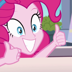 Size: 1080x1080 | Tagged: safe, screencap, pinkie pie, equestria girls, equestria girls series, g4, the craft of cookies, spoiler:eqg series (season 2), cropped, cute, diapinkes, female, grin, looking at you, ponk, reaction image, smiling, solo, squee, thumbs up, wide eyes