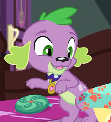 Size: 554x604 | Tagged: safe, screencap, spike, spike the regular dog, dog, equestria girls, equestria girls series, g4, reboxing with spike!, spoiler:eqg series (season 2), cropped, cute, fabulous fido's faberge flying disk, male, spikabetes, spike's dog collar, tail