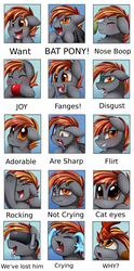 Size: 2349x4739 | Tagged: safe, artist:pridark, oc, oc only, oc:hugo drax, bat pony, earth pony, kirin, pony, adorable face, bat ponified, boop, commission, crying, cute, cute little fangs, disgusted, drool, emotion chart, emotions, fangs, flirting, green face, joy, kirin-ified, male, meme, noseboop, ocular gushers, open mouth, race swap, raised leg, solo, species swap, stallion, tongue out, virtual reality, vr headset, want
