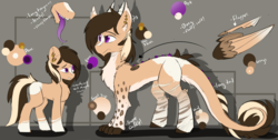 Size: 2829x1429 | Tagged: safe, artist:beardie, oc, oc only, oc:buttercream scotch, draconequus, pony, chest fluff, draconequus oc, ear piercing, earring, jewelry, piercing, reference sheet, solo, tongue out