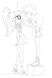Size: 608x900 | Tagged: safe, artist:carnifex, sci-twi, sunset shimmer, twilight sparkle, equestria girls, equestria girls series, g4, commission, female, lesbian, monochrome, ship:sci-twishimmer, ship:sunsetsparkle, shipping, size difference