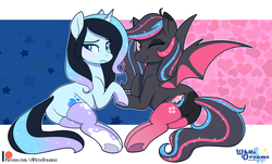 Size: 3129x1887 | Tagged: safe, artist:xwhitedreamsx, oc, oc only, oc:neon darksky, oc:stardust stellar, bat pony, pony, unicorn, blushing, butt, clothes, commission, cute, cute little fangs, duo, duo female, fangs, female, holding hooves, looking at you, one eye closed, patreon, patreon logo, plot, socks, thigh highs, wavy mouth, wink