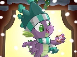 Size: 2732x2048 | Tagged: safe, artist:justsomepainter11, spike, dragon, g4, my little pony best gift ever, clothes, cookie, cute, food, hat, high res, it's a pony kind of christmas, jolly ol saint nicholas, jolly ol saint nick, male, open mouth, santa claus, scarf, show accurate, singing, snow, solo, song, song reference, spikabetes, stocking cap, striped scarf, winged spike, wings, winter outfit