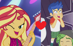 Size: 1704x1076 | Tagged: safe, edit, edited screencap, screencap, bulk biceps, flash sentry, sandalwood, sunset shimmer, equestria girls, equestria girls specials, g4, my little pony equestria girls: better together, my little pony equestria girls: spring breakdown, blushing, cute, female, guitar, male, one eye closed, open mouth, shimmerbetes, ship:flashimmer, shipping, shipping domino, smiling, straight, wink