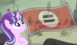 Size: 1511x897 | Tagged: safe, edit, edited screencap, screencap, vector edit, starlight glimmer, pony, g4, the crystal empire, the cutie map, egalitarianism, equal cutie mark, equal sign, equality, female, flag, happy, horn, mare, s5 starlight, smiling, solo, stalin glimmer, vector