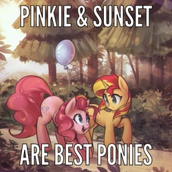 Size: 803x804 | Tagged: safe, artist:mirroredsea, edit, pinkie pie, sunset shimmer, earth pony, pony, unicorn, g4, balloon, bent over, caption, cute, diapinkes, duo, eye contact, female, forest, image macro, looking at each other, mare, nature, open mouth, raised hoof, shimmerbetes, smiling, text, tree