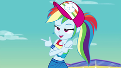Size: 1920x1080 | Tagged: safe, screencap, rainbow dash, equestria girls, equestria girls series, g4, spring breakdown, spoiler:eqg series (season 2), baseball cap, cap, clothes, cruise outfit, cute, dashabetes, female, front knot midriff, geode of super speed, hat, magical geodes, midriff, pants, ponytail, sleeveless, solo, tank top, wristband