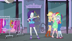 Size: 1920x1080 | Tagged: safe, screencap, applejack, fluttershy, rainbow dash, rarity, equestria girls, equestria girls series, g4, street chic, bare shoulders, clothes, clothes rack, cold, converse, dress, feet, female, fluttercold, freezing, geode of fauna, geode of shielding, geode of super speed, geode of super strength, magical geodes, rarity peplum dress, sandals, shivering, shoes, sleeveless, sneakers, strapless, tank top