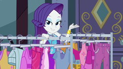 Size: 1920x1080 | Tagged: safe, screencap, rarity, equestria girls, equestria girls series, g4, street chic, spoiler:eqg series (season 2), adorasexy, autumn, beautiful, bracelet, clothes, clothes rack, cute, eyeshadow, female, geode of shielding, huggable, jewelry, leaf, lidded eyes, looking at you, magical geodes, makeup, raribetes, sexy, smiling, smiling at you, solo, window