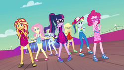 Size: 1920x1080 | Tagged: safe, screencap, applejack, fluttershy, pinkie pie, rainbow dash, rarity, sci-twi, sunset shimmer, twilight sparkle, equestria girls, g4, i'm on a yacht, my little pony equestria girls: better together, clothes, dress, feet, female, geode of empathy, geode of fauna, geode of shielding, geode of super speed, humane five, humane seven, humane six, legs, magical geodes, midriff, sandals, sleeveless