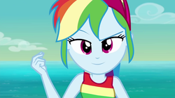 Size: 1920x1080 | Tagged: safe, screencap, rainbow dash, equestria girls, g4, i'm on a yacht, my little pony equestria girls: better together, beautiful, female, finger snap, sleeveless, smiling, smirk, smug, solo