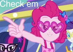 Size: 1186x845 | Tagged: safe, edit, edited screencap, screencap, pinkie pie, rarity, sci-twi, twilight sparkle, equestria girls, g4, my little pony equestria girls: better together, check em, glasses, heart shaped glasses, sunglasses, text, text edit