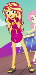 Size: 386x797 | Tagged: safe, screencap, fluttershy, sunset shimmer, equestria girls, g4, i'm on a yacht, my little pony equestria girls: better together, cropped, feet, female, geode of empathy, looking at you, magical geodes, offscreen character