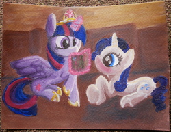 Size: 4020x3108 | Tagged: safe, artist:battyboopers, artist:staremastershy, rarity, twilight sparkle, alicorn, pony, fanfic:the enchanted library, g4, big crown thingy, book, fanfic art, female, jewelry, lesbian, regalia, ship:rarilight, shipping, twilight sparkle (alicorn)