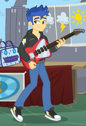 Size: 368x540 | Tagged: safe, screencap, flash sentry, best trends forever, equestria girls, g4, my little pony equestria girls: better together, bag, clothes, converse, cropped, electric guitar, guitar, hoodie, implied rarity, male, musical instrument, pants, shoes, smiling, sneakers