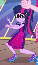 Size: 418x713 | Tagged: safe, screencap, pinkie pie, sci-twi, twilight sparkle, equestria girls, g4, i'm on a yacht, my little pony equestria girls: better together, clothes, cropped, geode of telekinesis, glasses, legs, magical geodes, offscreen character, ponytail, shoes, skirt, smiling