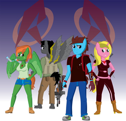 Size: 3345x3214 | Tagged: safe, artist:miipack603, oc, oc:emily flutterheart, oc:jacob braveheart, oc:jenna flashstrike, oc:john darkblaze, pegasus, unicorn, anthro, plantigrade anthro, comic:rogue diamond, anthro oc, assault rifle, backpack, boots, breasts, cel shading, cleavage, clothes, determined, fatigues, female, gun, hand on hip, high res, holding, horn, jeans, jewelry, logo, looking over shoulder, machine gun, male, mare, mechanical claw, pants, pendant, renegades, rifle, ripped, shading, shoes, shorts, shotgun, simple background, simple shading, smiling, stallion, standing, sword, tail, tank top, vest, weapon, wing brace, wings