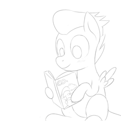 Size: 600x600 | Tagged: safe, artist:unsavorydom, rumble, pegasus, pony, g4, black and white, blushing, colt, gay, grayscale, magazine, male, monochrome, reading, sitting, sketch, smiling, solo, spread wings, wingboner, wings