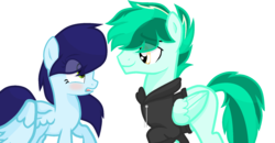 Size: 1828x948 | Tagged: safe, artist:sapphireartemis, oc, oc only, oc:sapphire skies, oc:thunder greenlight, pegasus, pony, blushing, clothes, female, hoodie, male, mare, simple background, stallion, transparent background