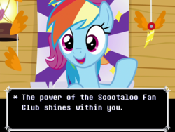 Size: 1299x975 | Tagged: safe, edit, edited screencap, screencap, rainbow dash, scootaloo, pegasus, pony, g4, the washouts (episode), caption, clubhouse, crusaders clubhouse, decoration, deltarune, dialogue box, female, image macro, lancer (deltarune), mare, meme, poster, scootaloo fanclub, smiling, solo, text