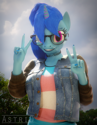 Size: 2160x2765 | Tagged: safe, artist:rinny, oc, oc only, oc:lovebrew, unicorn, anthro, 3d, blender, blue mane, choker, clothes, denim jacket, glasses, high res, looking at you, nail polish, peace sign, pink eyes, pride, shirt, smiling, solo, striped shirt, tank top, trans female, transgender, transgender oc, transgender pride flag, unicorn oc