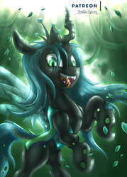 Size: 1980x2760 | Tagged: safe, artist:shad0w-galaxy, queen chrysalis, changeling, changeling queen, g4, crown, cute, cutealis, female, forest, green background, horn, jewelry, laughing, leaves, mare, patreon, regalia, simple background, solo, tongue out, wings