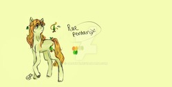 Size: 1280x652 | Tagged: safe, artist:cacckti, oc, oc only, oc:rue pentanix, earth pony, pony, deviantart watermark, female, mare, obtrusive watermark, raised hoof, reference sheet, simple background, solo, watermark, yellow background